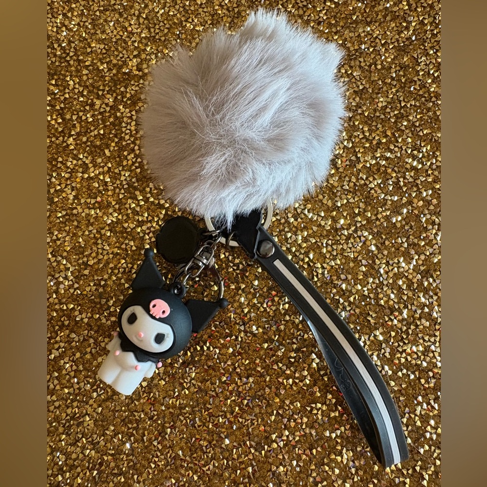 Hello Kitty Black and White Keychain with Gray Pom Pom